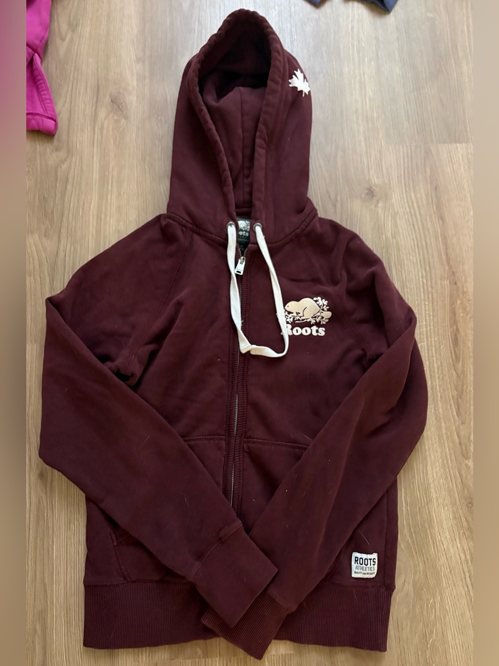 Roots Women’s Maroon Full-Zip Hoodie with White Drawstrings